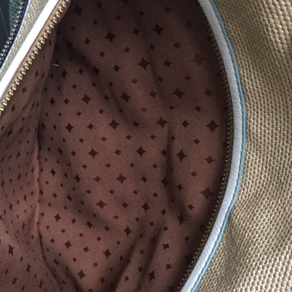 FOSSIL Explorer Tote Canvas Woven Straw Crossbody and Wallet Set Tan Blue - Picture 3 of 15